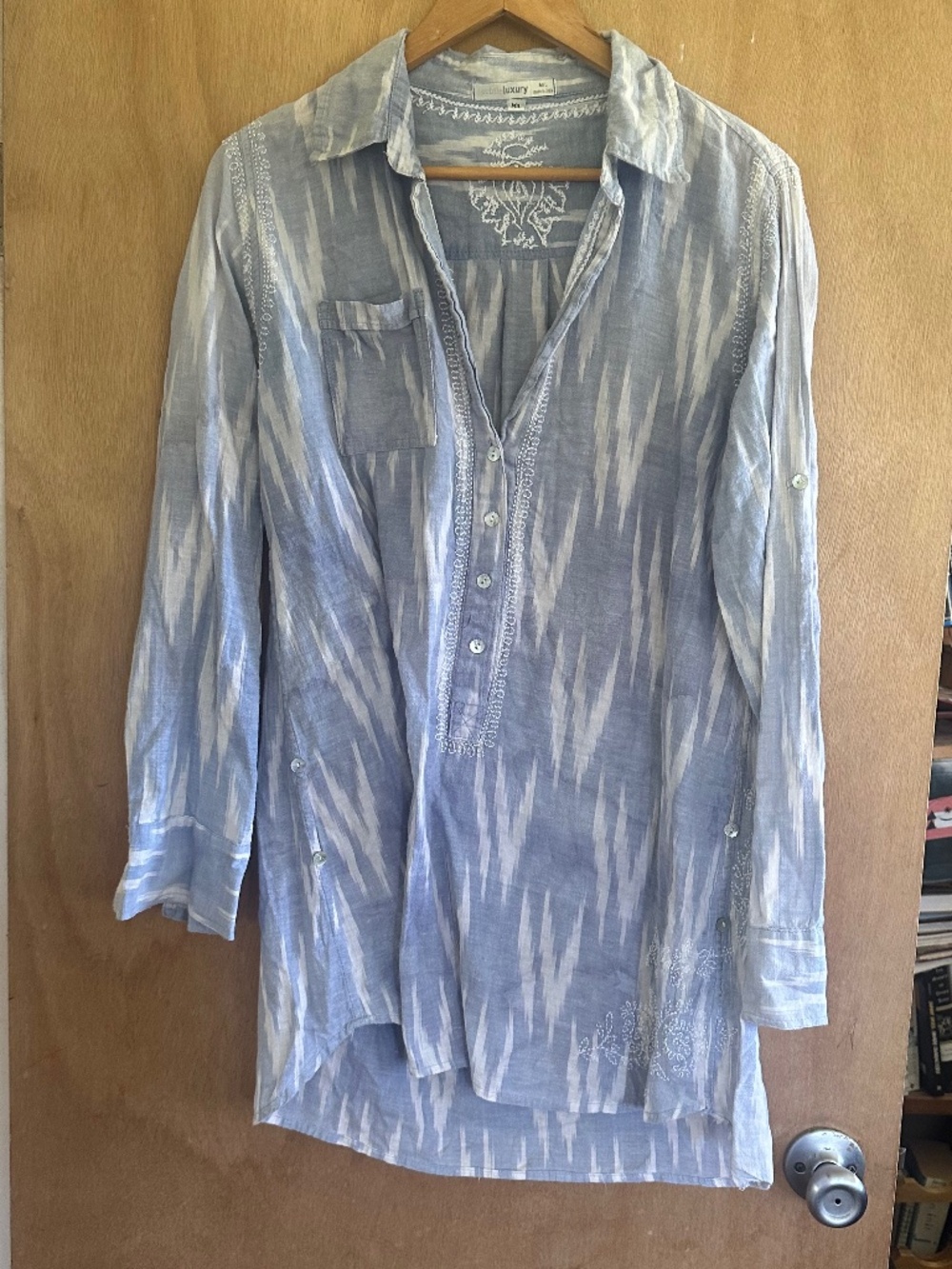 Ikat-style Embroidered Subtle Luxury Button Down Top M/L